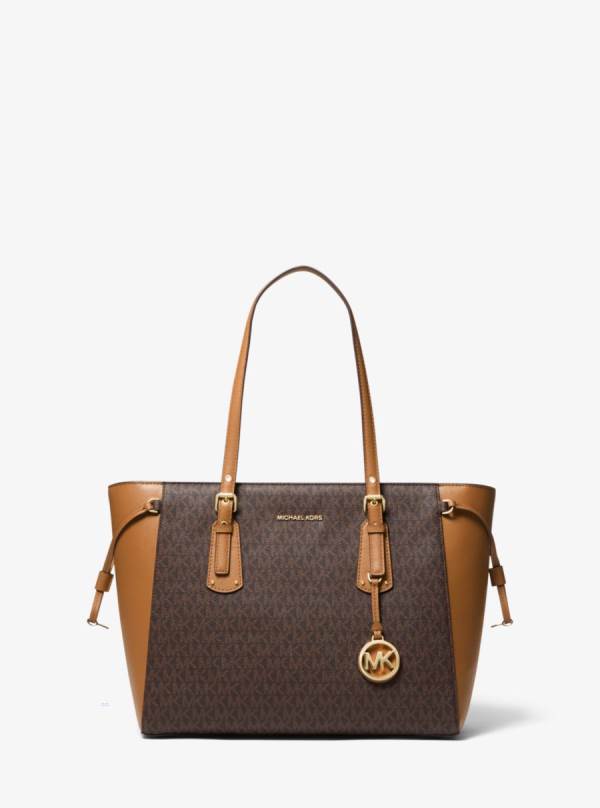 Damske Prenosná Taška Michael Kors Voyager Medium Logo Čokoláda Žlté - Kabelky Michael Kors Outlet | JFQDC-4958